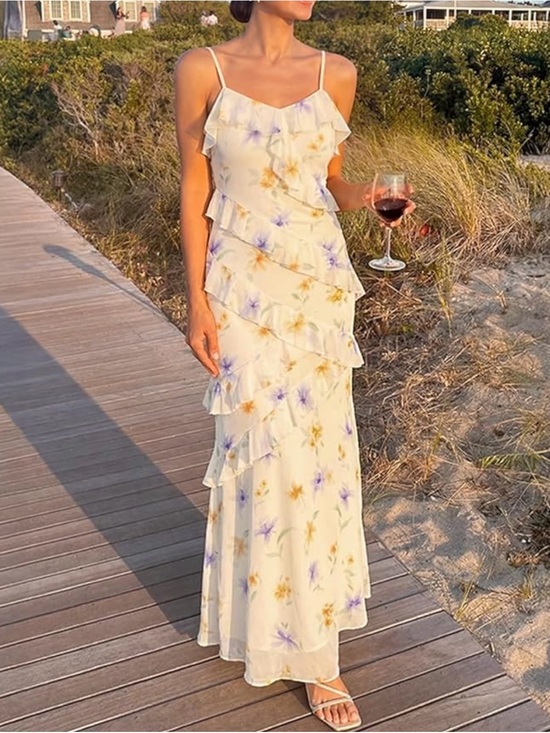 Dresses & Skirts - MEROKEETY Cream Slip Dress with Floral Print and Ruffle Detail Size Medium 8-10